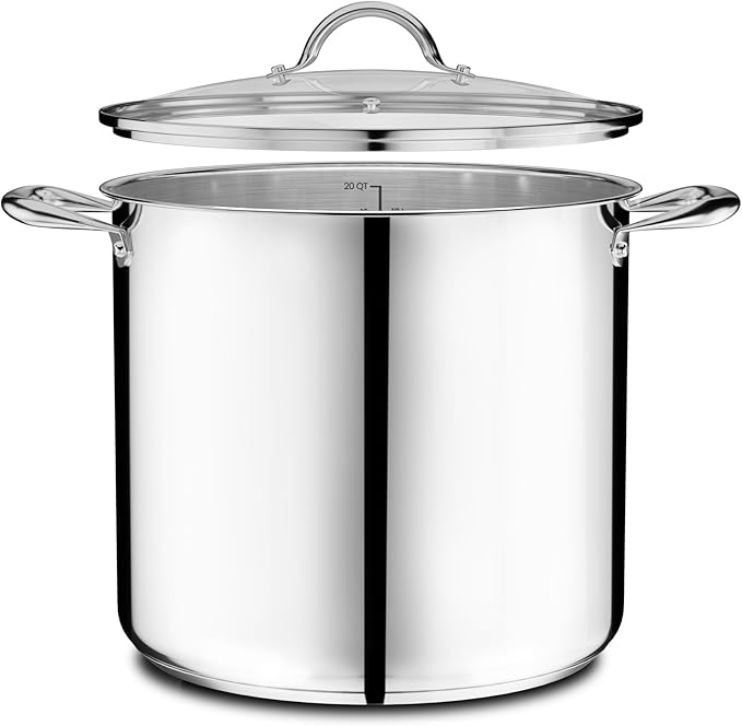 Stainless Steel Stockpot with Tempered Glass Lid 14 Quart, Durable 18/0 Stainless Steel, Impact-Bonded Base for Even Heating, Riveted Handles, Oven & All Stove Compatible, Safe Up To 500°F (260°C)