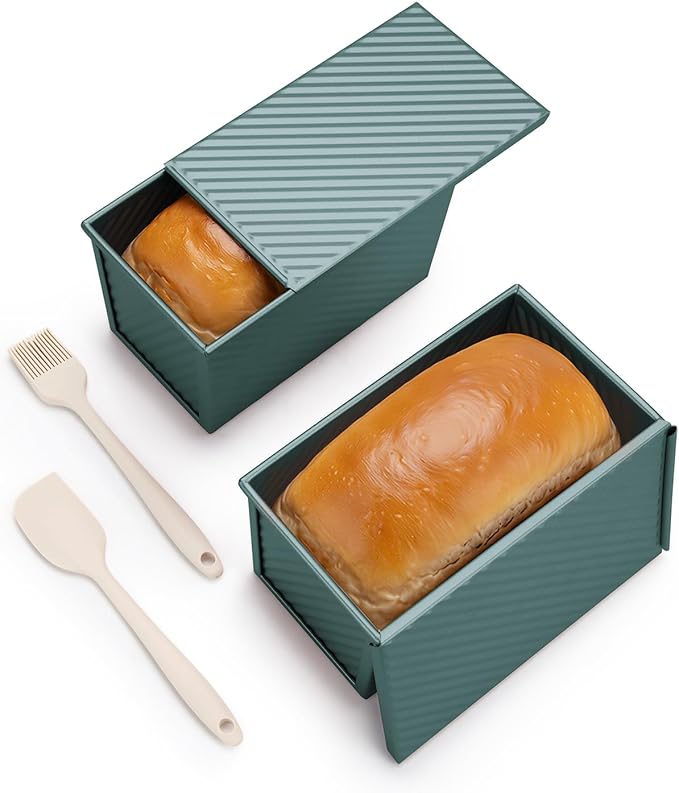 CARTMAN Bread Loaf Pan 2 Pack, 9x4 Pullman Loaf Pan with lid and a Silicone Spatula and Basting Pastry Brush, 1 lb Dough Capacity,Non-Stick Carbon Steel bread pans for homemade bread Sage Green