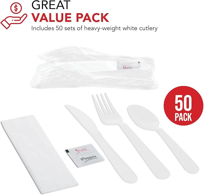 Party Essentials Individually Wrapped Plastic Cutlery Packets/Heavy Duty Silverware Kits, Fork/Spoon/Knife/Napkin/Salt/Pepper, 50 Utensils Sets, White