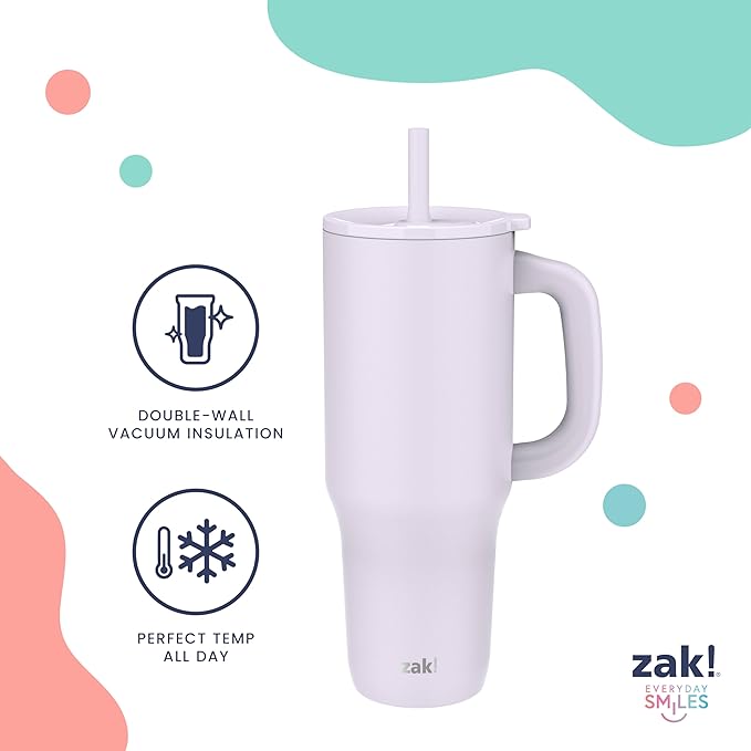 Zak Designs Sutton Travel Tumbler for On the Go, 40oz Stainless Steel with Vacuum Insulation, Silicone Straw, and Carry Handle for Cold Drinks (So Sweet Pink)