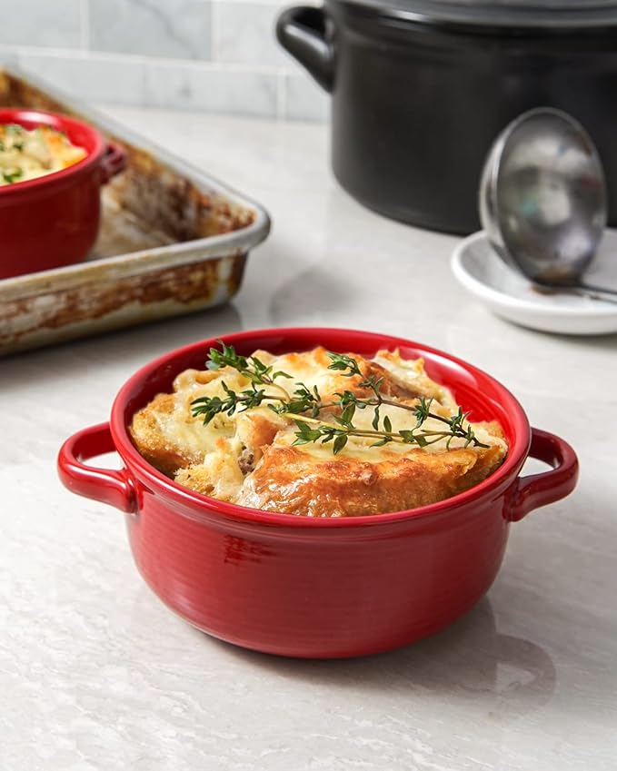 LE TAUCI Soup Bowls with Handles - 22 oz Lead-Free Ceramic French Onion Crocks, Oven and Microwave Safe, Heat-Resistant Design, Stackable, Dishwasher Safe, Set of 4, Red