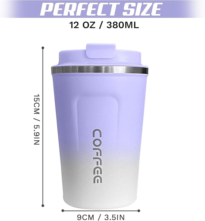 Travel Coffee Mug Leak-Proof, Reusable Coffee Cups with Lid, Stainless Steel Vacuum Insulated Coffee Tumblers, Thermal Insulation Cup for Men & Women Hot & Cold Drinks(2nd-Purple White, 12OZ)