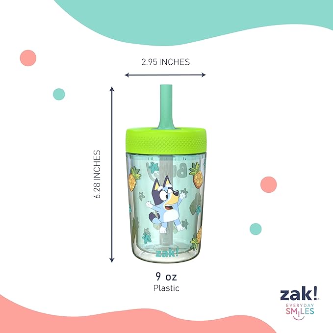 Zak Designs Bluey Capri Toddler Tumblers For Travel or At Home, 9oz 2-Pack Double Wall Plastic Sippy Cups With Leak-Proof Design is Perfect For Kids (Bluey, Bingo)