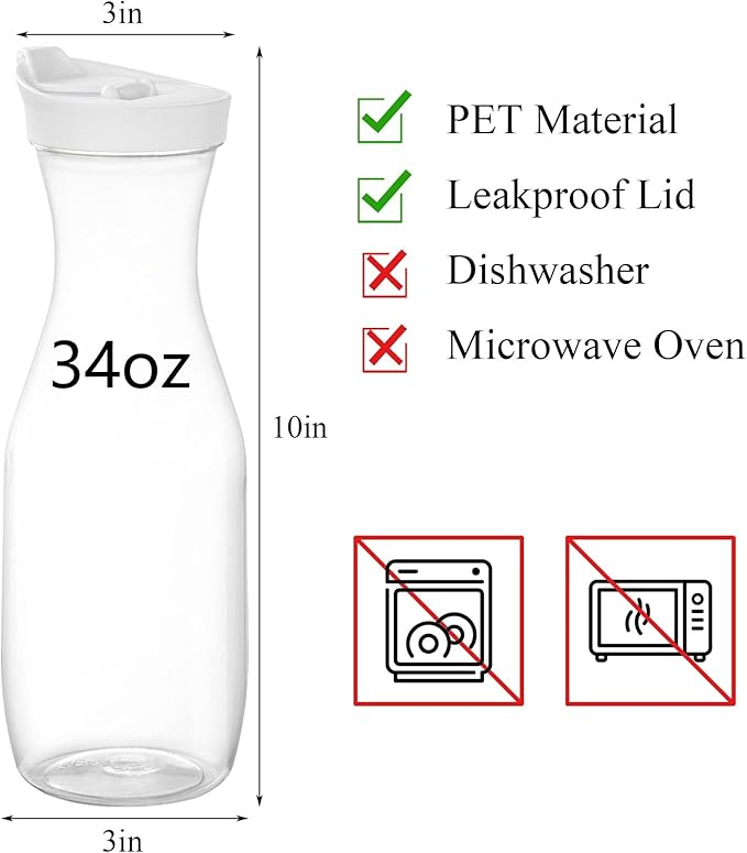 Lawei 8 Pack 34 Oz Plastic Water Carafe, 1 Liter Clear Beverage Carafe with Flip Top Lid, Narrow Neck Drink Container Pitcher for Juice, Water, Ice Tea, Milk, Lemonade and Mimosa Bar