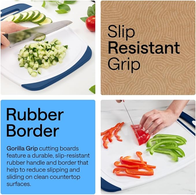 GORILLA GRIP BPA-Free Reversible Kitchen Cutting Board Set of 3, US Designed, Nonporous, Juice Grooves Catch Liquid, Slip Resistant Border, Dishwasher Safe Large Food Chopping Boards, Red Blue Green