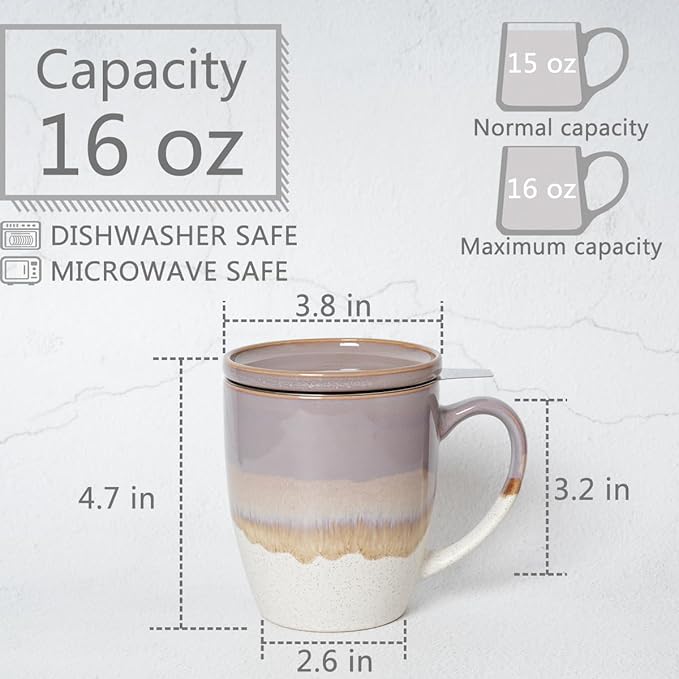 Bosmarlin Ceramic Tea Cup with Infuser and Lid, 16 Oz, 5 Colors to Choose, Dishwasher and Microwave Safe, Reactive Glaze, Steeping Tea Mug with Strainer (Purple)