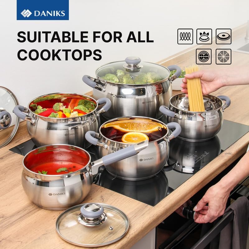Daniks Modern 2 Quart Stainless Steel Stock Pot with Glass Lid, Tri-Ply Bottom for Even Heating, Induction Compatible, Dishwasher Safe, Heatproof Handles