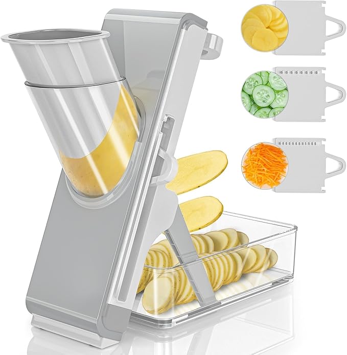 Eletronova Safe Mandoline Slicer for Kitchen, Vegetable Slicer for Kitchen，Kitchen Food Slicer, French Fry Cutter Julienne Dicer for Vegetables Grey (White & Green) (Grey)