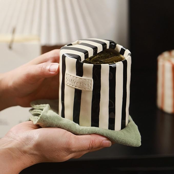 Ceramic Coffee 10oz Mug Hand-Painted Espresso Cup，Retro Ceramic Travel Mug For Kitchen, Dining-Green，Microwave Safe (Black Stripes)