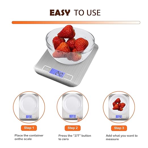 Food Scale, 11lb Digital Kitchen Scale Weight Grams and oz for Baking Cooking, Stainless Steel and Tempered Glass Waterproof Body, 1g/0.1oz Precise Graduation