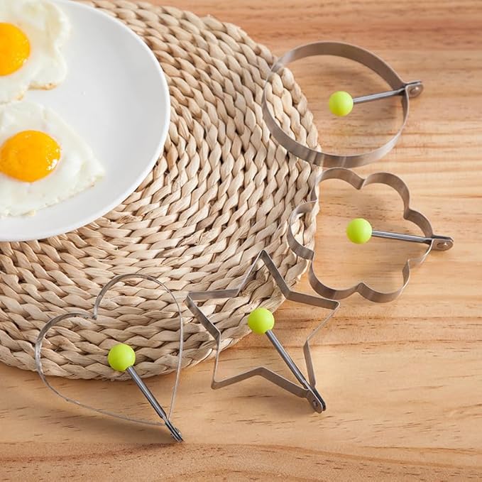 Egg Pancake Rings,5pcs Fried Egg Molds in Star, Round, Heart Different Shaped,Stainless Steel Omelette Frying Cooking Tools Kitchen Accessories Gadget Rings,with a Silicone Pastry Brush,Set of 5