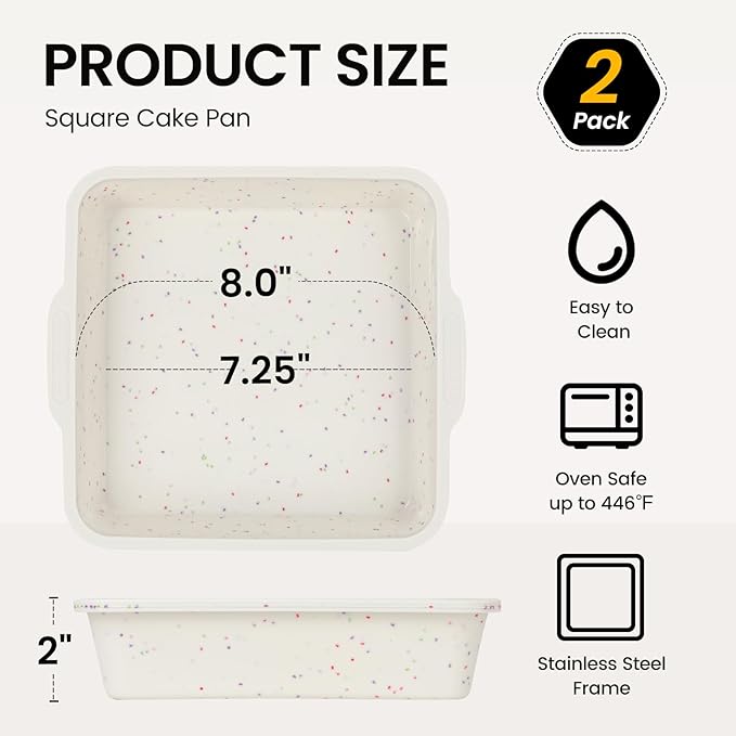 Vinino 8 x 8 Inch Silicone Square Brownie Cake Pan with Metal Reinforced Frame Set of 2, Nonstick Silicone Brownie Pans BPA Free Suitable for Making Cakes, Brownies, Bread