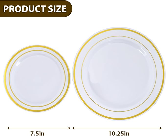 Moretoes 100PCS Gold Plastic Plates Disposable,Party Plates White Gold Rim, 10.25inch Dinner Plates and 7.5inch Dessert Salad Plates Heavy Duty Plates for Wedding Party and Birthday