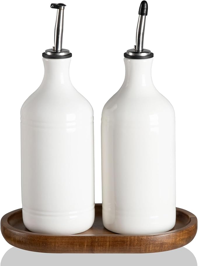 Sweejar Ceramic Olive Oil Dispenser Bottle Set, Opaque Oil Cruet Protects to Reduce Oxidation, Suitable For Storage Of Vinegar, Soy Sauce & Other Liquids,Pack of 2,15.5 Fl Oz（White）