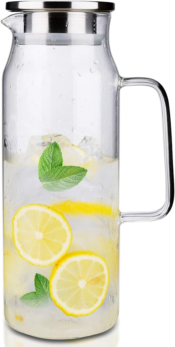 BOTTLE BOTTLE Glass Pitcher with Lid and Handle 50 oz/1500ml Water Pitcher for Ice Tea and Homemade Juice Heat Resistant Borosilicate Glass Carafe for Hot/Cold Water