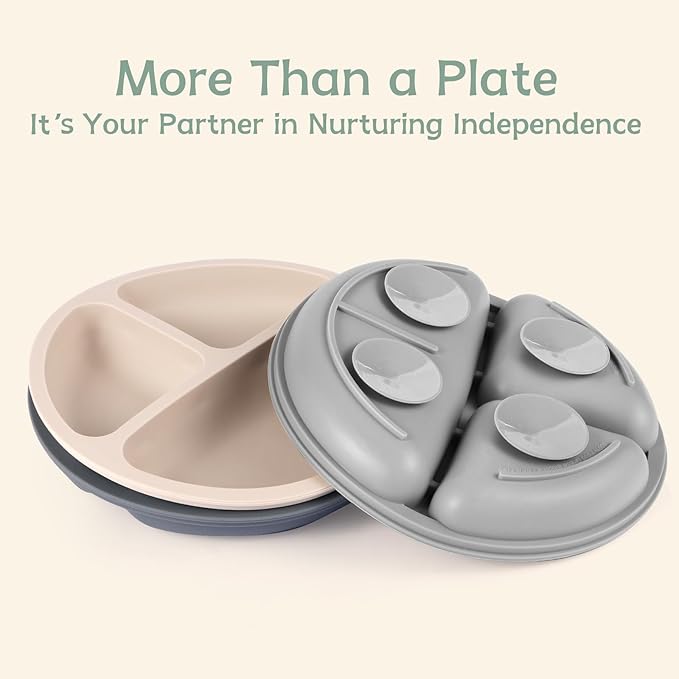Toddler Plates, 3 Pack Divided Baby Plates with Suction, Food Grade Silicone Baby Led Weaning Supplies, BPA Free, Non-Slip, Microwave and Dishwasher Safe