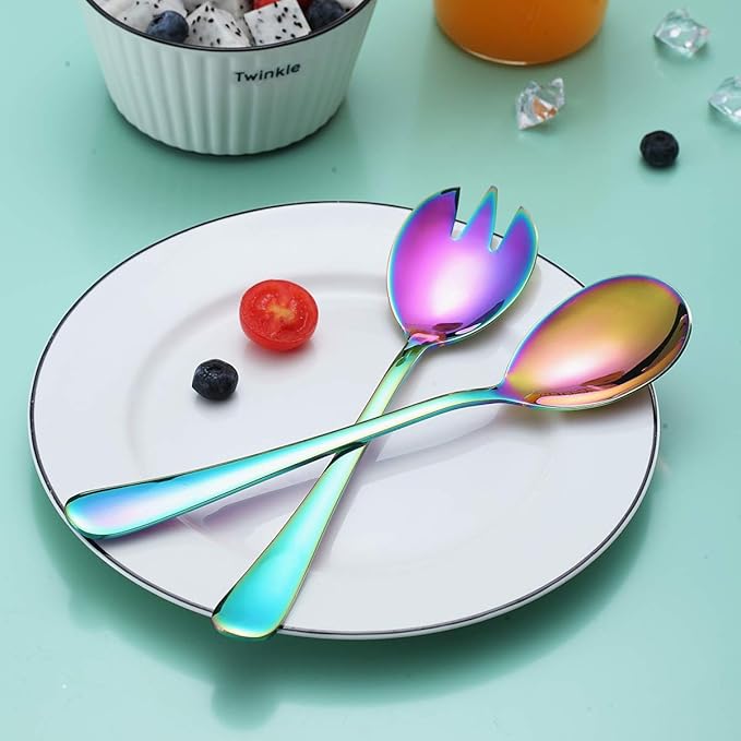 Rainbow Salad Server Set, Berglander Stainless Steel Salad Serving Set With Titanium Colorful Plating, Salad Servers, Salad Spoon, Salad Fork, Pack of 2 (Shiny Rainbow)