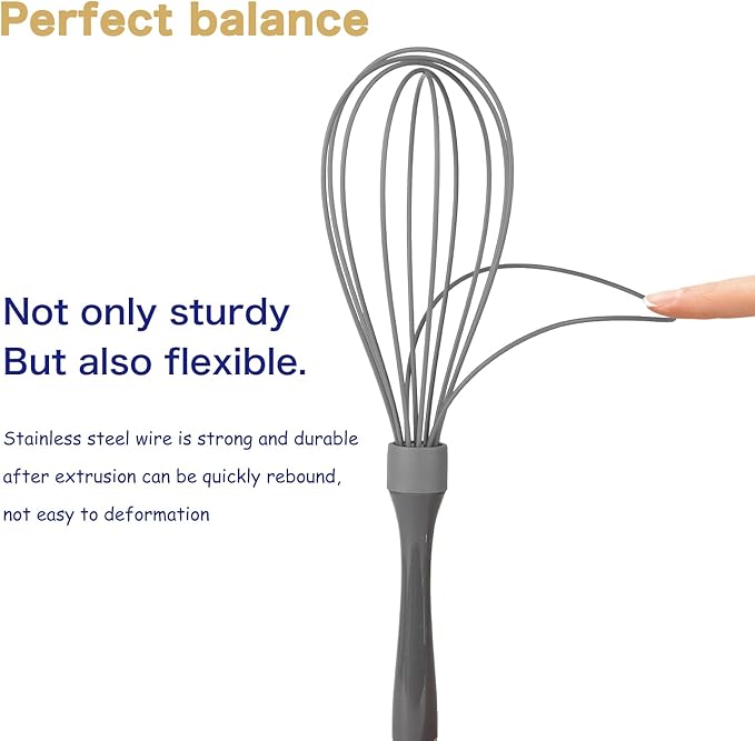 Dishwasher Safe Whisk, Professional Whisks for Cooking Non-Scratch, Stainless Steel & Silicone Wisk, Plastic Rubber Whisk Tool for Nonstick Cookware Pans, Heat Resistant,12-Inch, Grey