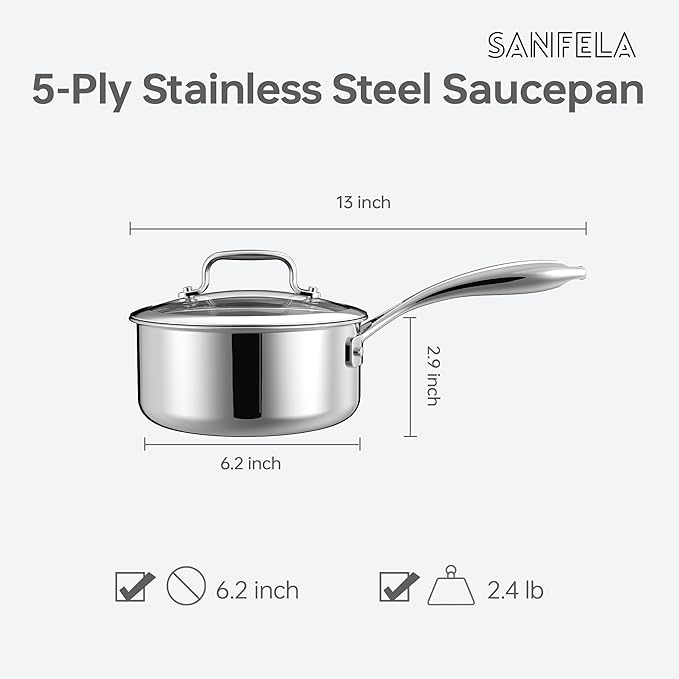 5-Ply 1.3 Quart Stainless Steel Saucepan with Glass Lid, Suitable for All Hobs, PTFE, PFAS and PFOA Free
