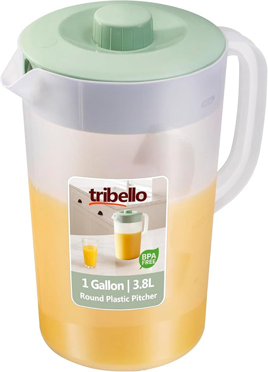 Tribello Water Pitcher with Lid 1 Gallon – Clear Round Plastic Pitcher Ice Tea & Juice Jug – Freezer & Dishwasher Safe, BPA & Phthalate Free – Sage Green