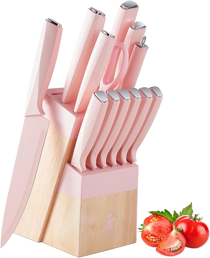 Knife Set, 14-Piece Kitchen Knife Block Set Dishwasher Safe with Wood Block and Sharpener,Non Stick Sharp Stainless Steel Chef Knife Sets for Cooking