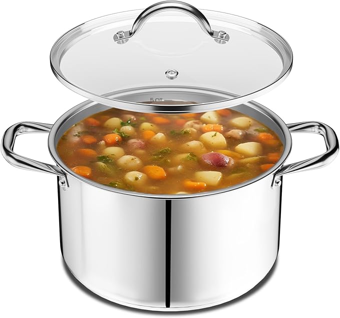 Stainless Steel Stockpot with Tempered Glass Lid 3 Quart, Durable 18/0 Stainless Steel, Impact-Bonded Base for Even Heating, Riveted Handles, Oven & All Stove Compatible, Safe Up To 500°F (260°C)