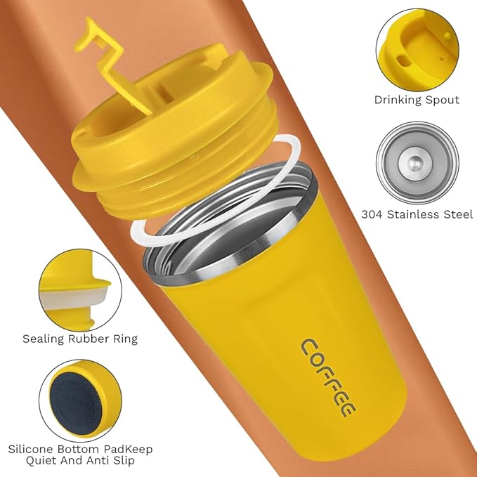 Travel coffee mugs leak-proof, reusable coffee cup with lid, stainless steel vacuum insulated coffee tumblers, thermal insulation cups for men & women keep drinks hot & cold (2nd-Yellow, 12OZ)