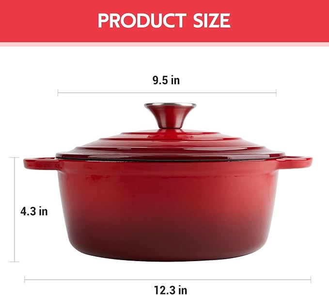 4 Quart Dutch Oven Enameled Cast Iron with Lid - Big Dual Handles - Oven Safe up to 500°F - Classic Round Pot for Versatile Cooking Red