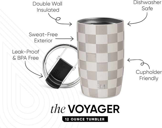 Simple Modern Voyager Tumbler with Flip Lid | Travel Coffee Mug | Insulated Stainless Steel Cold Brew Iced or Hot Coffee Cup | Gifts for Women Men Her Him | 12oz, Checkmate