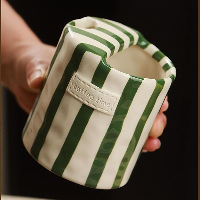 Ceramic Coffee 10oz Mug Hand-Painted Espresso Cup，Retro Ceramic Travel Mug For Kitchen, Dining-Green，Microwave Safe (Green Stripes)