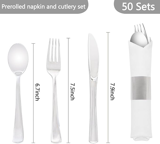 50 Pack Pre Rolled Silver Plastic Silverware Set,Wrapped Plastic Cutlery Set with Napkin Include 50 Forks,50 Spoons,50 Knives and 50 White Napkins for Party, Wedding,Christmas