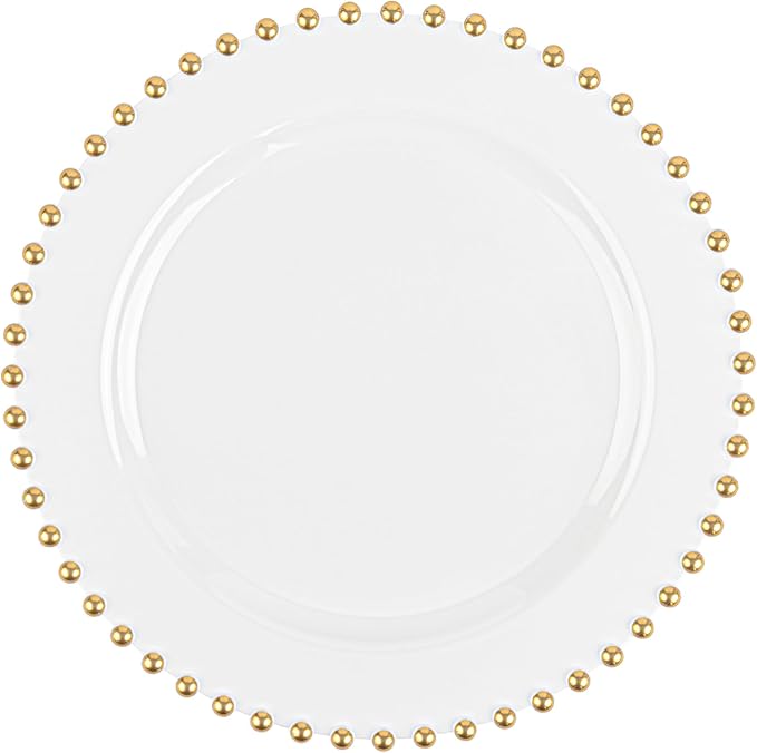 PLASTICPRO 128 Piece Combo Plastic Dinner Plates Disposable Plastic Fancy Heavy Duty Party Dishes 7 inch and 10 inch, White and Gold Beaded