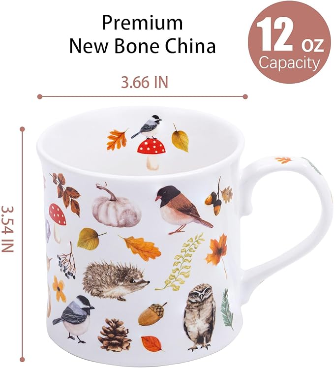 Autumn Animals Coffee Mug, 12 oz New Bone China Mug with Bird, Hedgehog, Owl & Pumpkin Design, Halloween & Fall Seasonal Ceramic Tea Mug, Nature Lover Gift, Designed in England by Harvest Green Studio