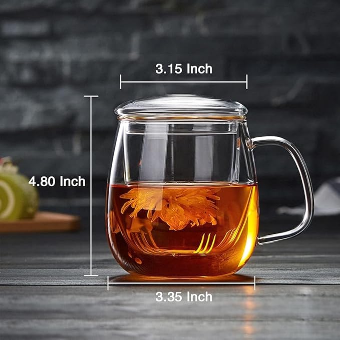 Glass Teacups 2 Pack Glass Tea Cup with Infuser and Lid, 17.6oz/520ml Large Borosilicate Teacup,Tea Clear Mug Cup for Loose Leaf Blooming Tea, Microwave & Dishwasher Safe.
