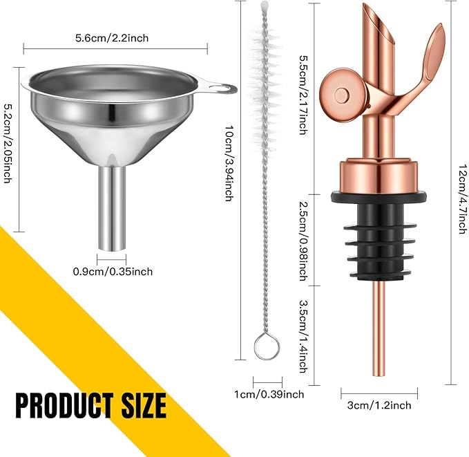 Tioncy 4 Pieces Weighted Stainless Steel Pourers Olive Oil Spout Olive Oil Dispenser Spout Automatic Opening and Closing with Funnel and Brush for Pouring Wine Syrup Kitchen(Rose Gold)
