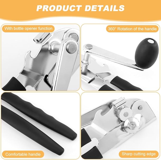 2 PCS Commercial Can Opener Manual, Stainless Steel Handheld Can Opener with Folding Easy Crank Handle Save Effort Large Ca-n Opene-r Smooth Edge for Seniors Chef