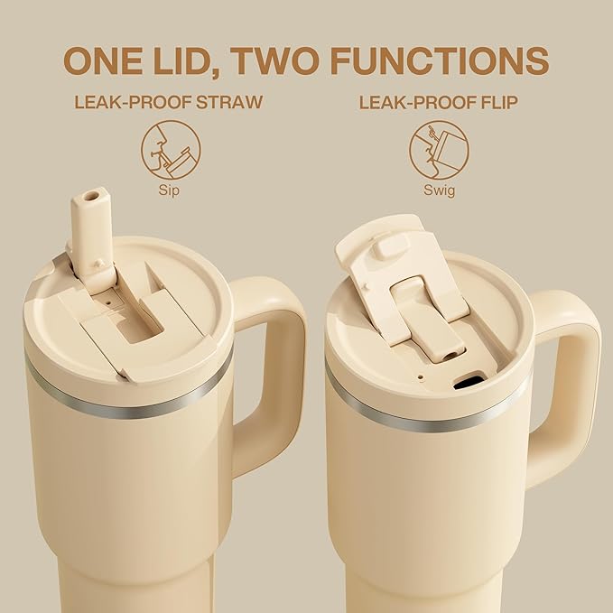 ENCOOL 40 oz Tumbler with Handle and Straw: Stainless Steel Insulated Tumbler Keeps Cold for 24 Hours, Leakproof Travel Cup Fits in Cup Holder and BPA-Free, Indian Khaki