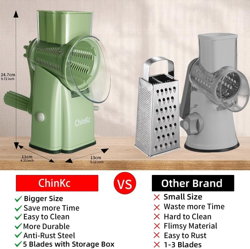 Upgrade Rotary Cheese Grater Shredder with Handle, Strong Suction Base, Multi-purpose Rotary Grater Slicer with 5 Interchangeable Blades for Ice, Vegetables, Fruit, Nuts with Blade Storage Box