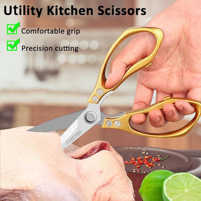 Kitchen Scissors, 2-Pack Multipurpose Kitchen Shears with Comfort Grip, Stainless Steel Cooking Scissors for Cutting Chicken, Meat, Food, Fish, Bread (Golden)