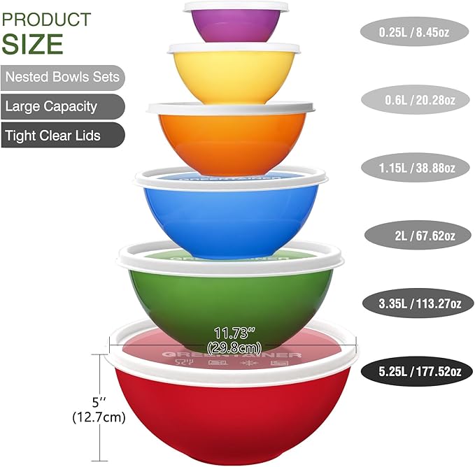 6-Piece Plastic Mixing Bowls Set with Airtight Lids, Nesting Bowls for Space Saving, TPR Sealed & PP5 Leak-Proof Lids, for Baking, Prepping & Serving, Dishwasher Safe (Red)