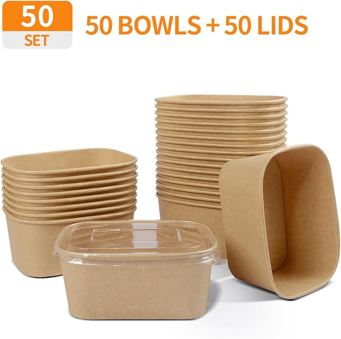 Celel 50 Pack 35 oz Paper Food Containers with Lids, Paper Meal Prep Containers Microwavable and Freezer Use Cardboard Food Concertinas - 50 Bowls 50 Lids