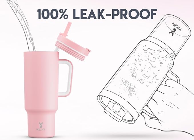 Meoky 40 oz Tumbler with Handle and Flip Straw, 100% Leakproof Tumbler with Lid and Straw, Stainless Steel Insulated Cup, Cupholder Friendly, Keeps Cold for 34 Hours (Blush)