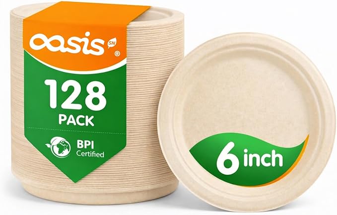 6 Inch 128 Pack Compostable Disposable Paper Plates, Small Dessert Plates, Heavy Duty Sugarcane Bagasse, Biodegradable Eco-Friendly, Perfect for Kids Meals & Parties, Natural