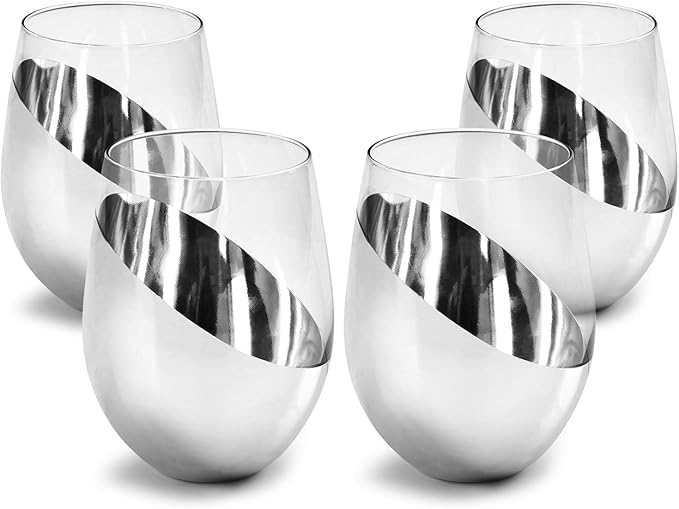 MyGift Premium Silver Stemless Wine Glasses Gift Set of 4 Modern Metallic Barware with Elegant Accents, Perfect Wedding & Anniversary Present - Dishwasher Safe & Shatter Resistant