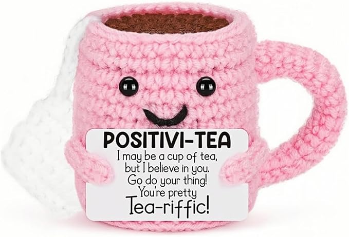 Cute Birthday Gifts for Women, Positive Handmade Crochet Pink Tea Cup Desk Decor–Tea Lovers Funny Unique Emotional Small Gift for Best Friends Girlfriend Wife Mom Coworkers Thank You Valentines Day