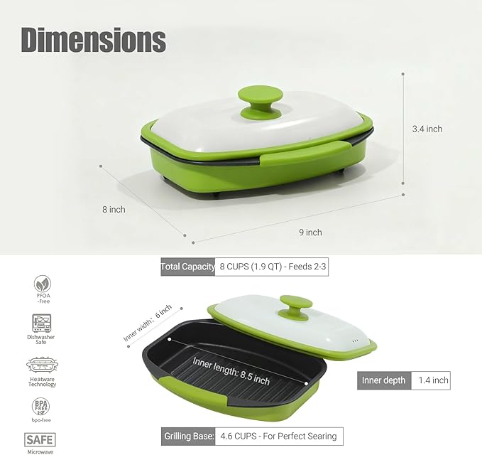 Quick-Heat 39 OZ Microwave Bacon Cooker & Grill Pan with Lid | Multi-Purpose Microwave Cookware for Grilling, Frying, Baking | Portable & Dishwasher Safe for Kitchen, RV, Office, Dorm(Green)