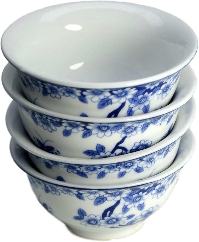 Liang baobao Chinese Traditional Tea Tasting Cup Set of 4, 2oz White Porcelain Mini Cups for Gongfu Tea Ceremony (Butterfly Love Flower)