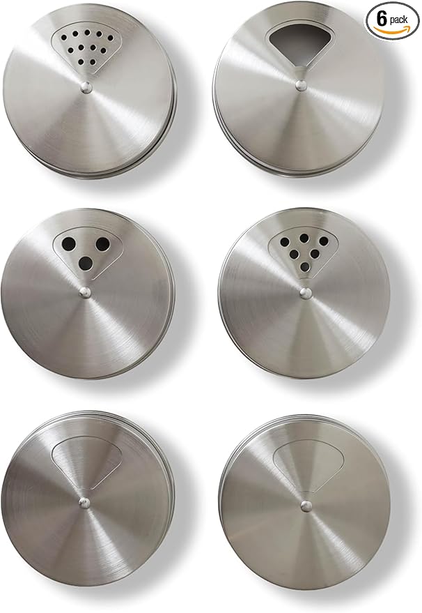 Mason Jar Spice Shaker Lids Stainless Steel – 6 Pack Adjustable Spice Lids for Mason Jars Wide Mouth – Seasoning Salt Pepper Dispenser Tops for Ball Canning Jars