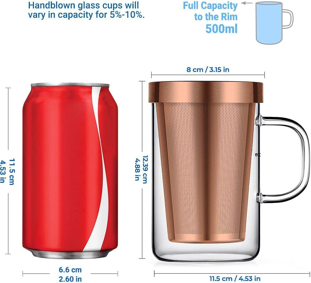 ecooe 16.9oz Glass Tea Cup with Infuser and Lid 430ml(Use Capacity), Bronze