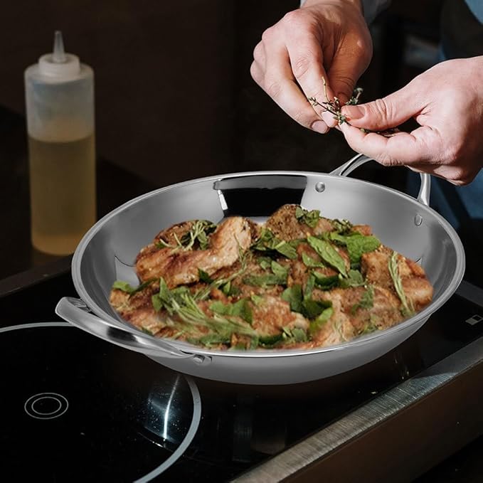 Double Handle Cooking Wok Flat Bottom Pan Stainless Steel Kitchen Pot for Hot Pot Stew and Seafood 9.05X8.66X1.96 Inch